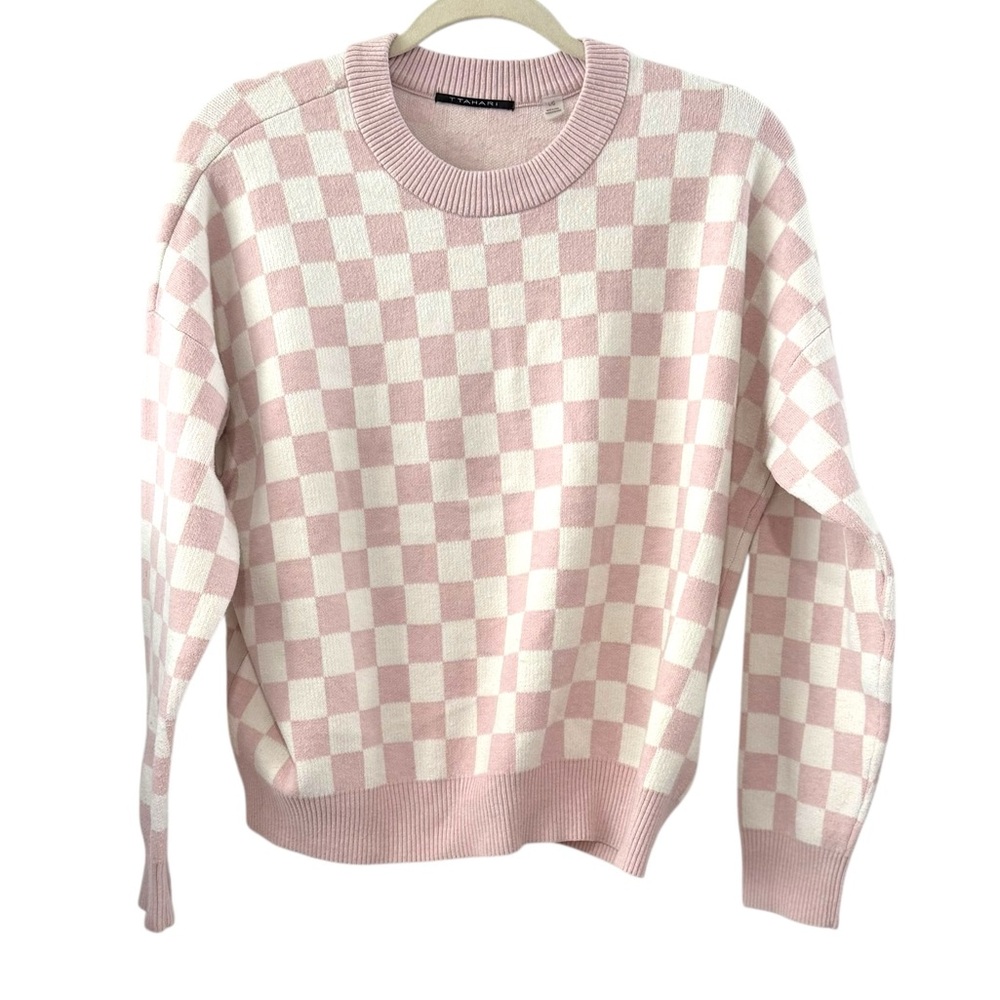 T Tahari Large Pink White Checkerboard Crew Neck Knit Sweater Soft Cozy